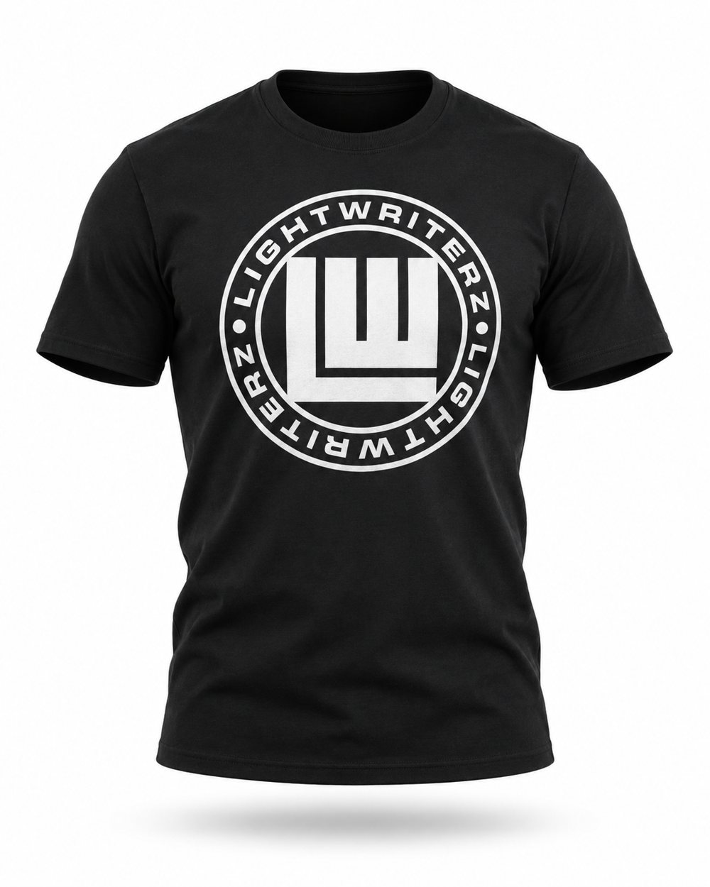 Front of the men's black Light Writerz shirt with the large circular LIGHTWRITERZ badge