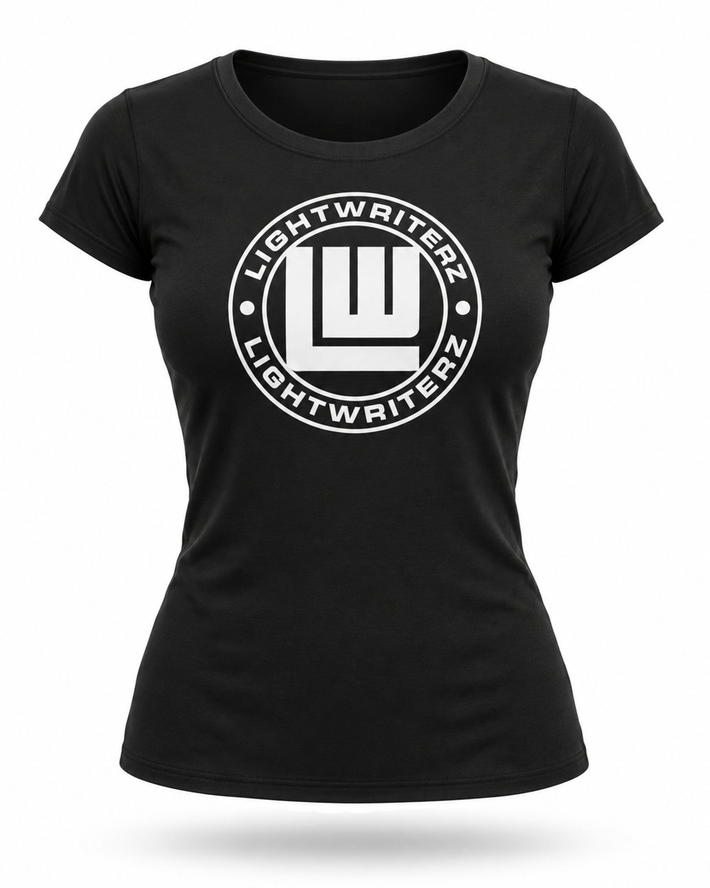 Front of the women's black Light Writerz shirt with the large circular LIGHTWRITERZ badge